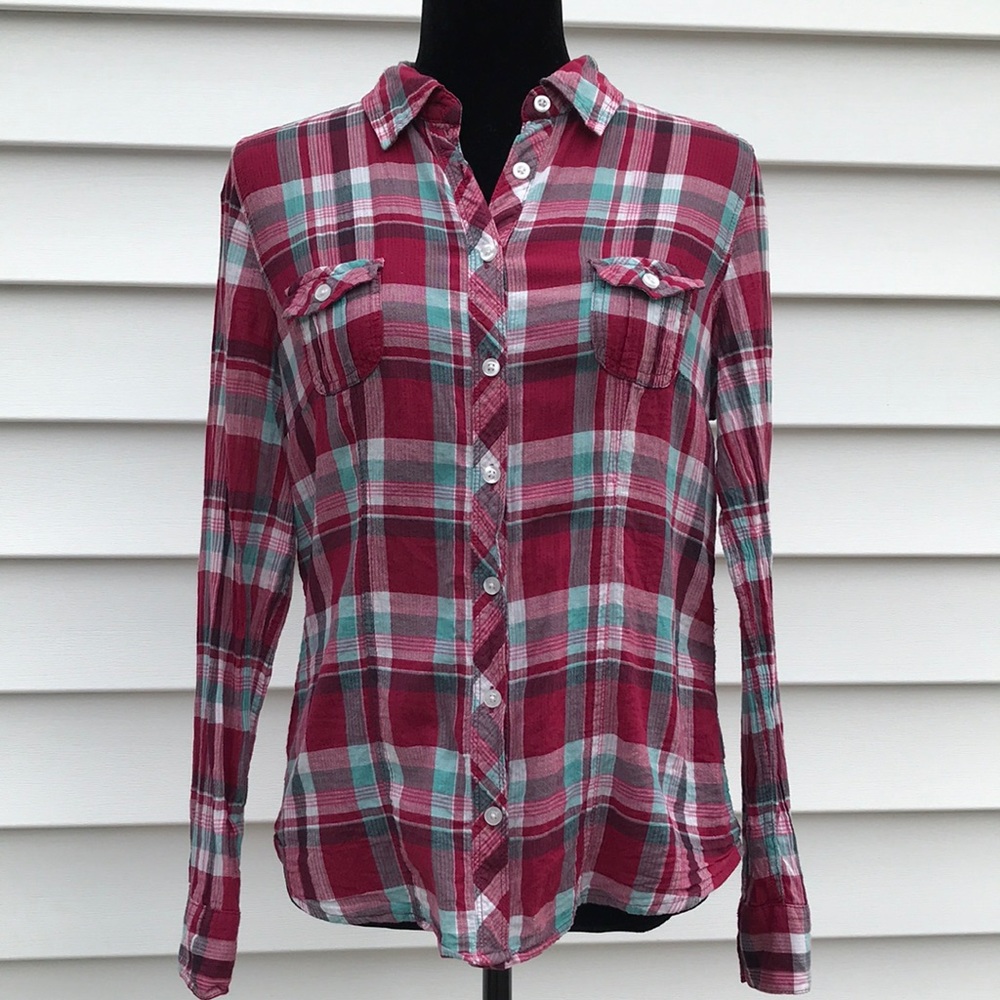 Women’s/juniors button up cotton plaid blouse